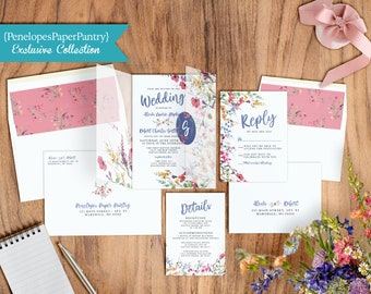 Wildflower Wedding Invitation Bundle,Wildflower Wedding Bundle,Invitation Suite,Vellum Envelopment,Sticker,Envelope Liners,Envelope Printing