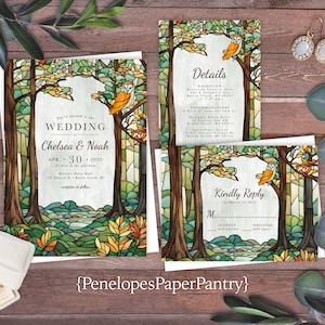 Stained Glass Fall Forest Wedding Invitation Personalized Autumn Leaves Woodland Owl Calligraphy Shimmery Printed Invitations With Envelopes