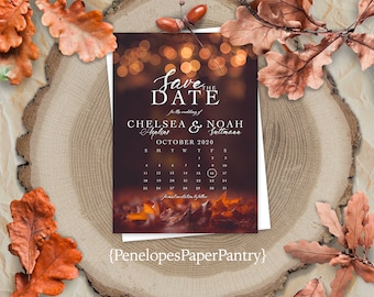 Rustic Fall Wedding Save The Date Card,Calendar Save The Date,Glowing Lights,Burnt Orange Fall Leaves,Shimmery,Envelopes Included,Custom