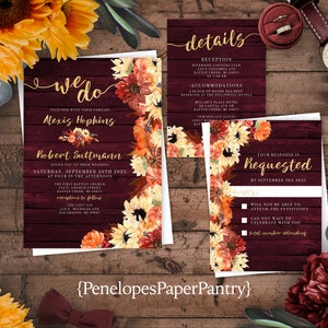 Rustic Burgundy Fall Wedding Invitation,Burgundy Fall Wedding Invite,Burgundy Wood,Sunflower Invite,Pumpkin Invite,Gold,Shimmery Invitation