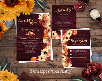 Rustic Burgundy Fall Wedding Invitation,Burgundy Fall Wedding Invite,Burgundy Wood,Sunflower Invite,Pumpkin Invite,Gold,Shimmery Invitation