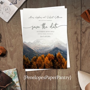 Mountain Theme Save The Date,Fall Save The Date,Fall Wedding,Save The Dates,Calligraphy,Mountains,Burnt Orange,Envelope,Personalize,Printed