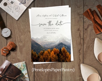 Mountain Theme Save The Date,Fall Save The Date,Fall Wedding,Save The Dates,Calligraphy,Mountains,Burnt Orange,Envelope,Personalize,Printed