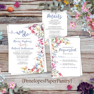 Whimsical Wildflower Summer Wedding Invitation,Summer Wedding Invite,Cornflower Blue,Calligraphy,Personalize,Printed Invitation,Envelope