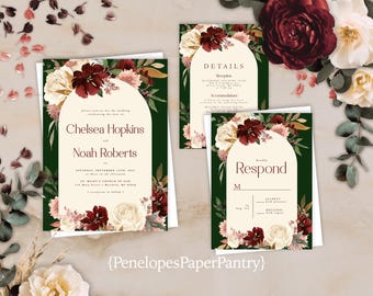 Floral Dark Green Fall Wedding Invitation Suite with Envelopes