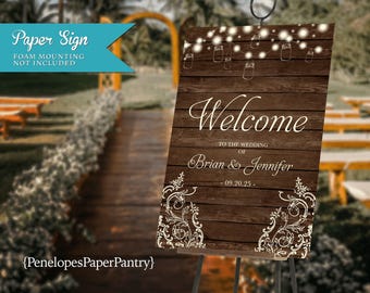 Rustic Wedding Welcome Sign: Barn Wood, Mason Jar Lights, Lace, Personalized and Printed