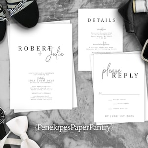 Elegant,Black and White,Wedding Invitation,Classic Wedding Invite,Calligraphy,White and Black,Personalize,Envelope Included,Printed