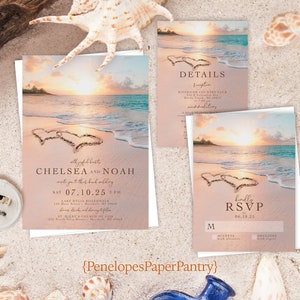 Beach Wedding Invitation,Beach Theme Wedding Invitation,Destination Wedding,Hawaii Wedding,Hearts in the Sand,Sunset,Shimmery Invitation image 1