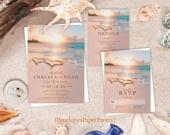 Beach Wedding Invitation,Beach Theme Wedding Invitation,Destination Wedding,Hawaii Wedding,Hearts in the Sand,Sunset,Shimmery Invitation