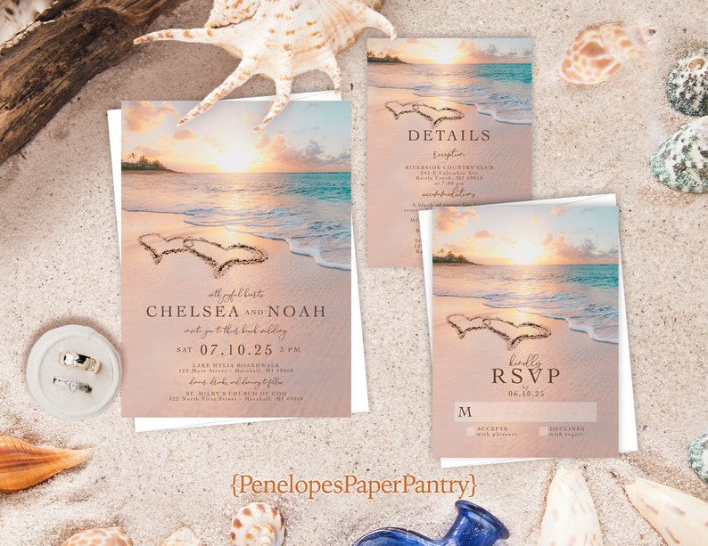 Beach Wedding Invitation,Beach Theme Wedding Invitation,Destination Wedding,Hawaii Wedding,Hearts in the Sand,Sunset,Shimmery Invitation image 1