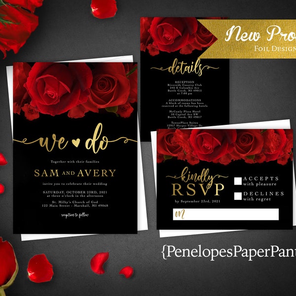 Elegant Personalized Red Rose Wedding Invitation,Red Rose Wedding Invite,Gold Foil Print,Customized,Printed Invitation,Envelopes Included