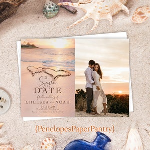 Beach Wedding Photo Save The Date Card,Photo Save The Date,Sunset,Heart In Sand,Shimmery Card,Custom Save Our Date,Envelope Included,Printed