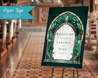Stained Glass Style Wedding Welcome Sign: Emerald Green, Gold, Church Window, Personalized, Printed