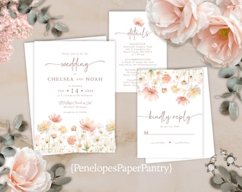 Wildflower Summer Wedding Invitation Suite: Blush, Ivory, Sage, Personalized and Printed
