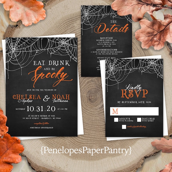 Fun Halloween Wedding Invitation,Halloween Wedding Invite,Halloween Theme,Black,Orange,Spider Webs,Spooky,Calligraphy,Envelope Included