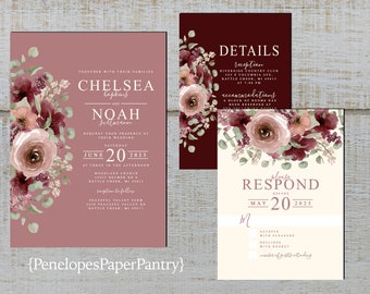 Dusty Rose Floral Summer Wedding Invitation Suite,Dusty Rose,Burgundy,Ivory,Wildflower,Roses,Personalize,Printed,Envelope,Optional RSVP Card