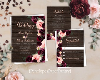Rustic Floral Fall Wedding Invitation,Fall Wedding Invite,Burgundy,Blush,Rose Gold,Barn Wood,Shimmery,Personalize,Printed Invitation,