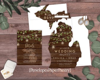 Rustic Michigan Shaped Wedding Invitation Suite: Barn Wood, Mason Jar Lights, Greenery, Personalized (Printed)