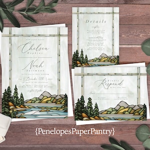 Mountain Theme Stained Glass Wedding Invitation,Stained Glass Wedding Invite,Mountain Wedding,NatureTheme,Calligraphy,Shimmery Invitation image 1