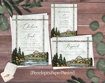 Mountain Theme Stained Glass Wedding Invitation,Stained Glass Wedding Invite,Mountain Wedding,NatureTheme,Calligraphy,Shimmery Invitation