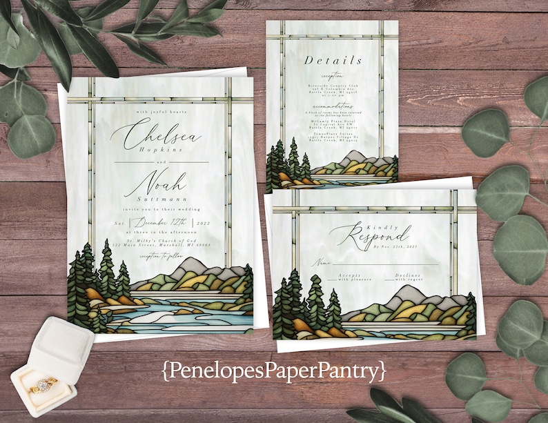 Mountain Theme Stained Glass Wedding Invitation,Stained Glass Wedding Invite,Mountain Wedding,NatureTheme,Calligraphy,Shimmery Invitation image 1