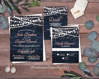 Rustic Navy and Rose Gold Summer Wedding Invitation,Summer Wedding Invite,Fairy Lights,Barn Wood,Rose Gold,Shimmery,Personalize,Printed