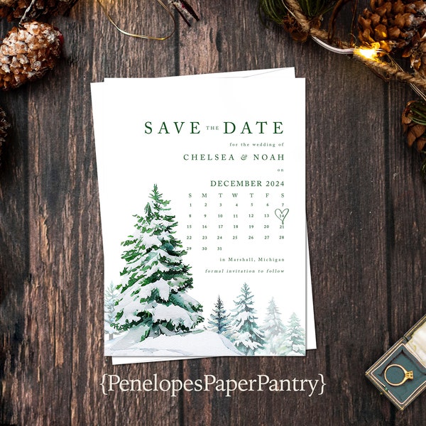 Winter Save The Date Card,Winter Wedding Calendar Save The Dates,Pine Trees,Evergreen Trees,Snow,Snow Covered Tree,Envelope Included,Printed