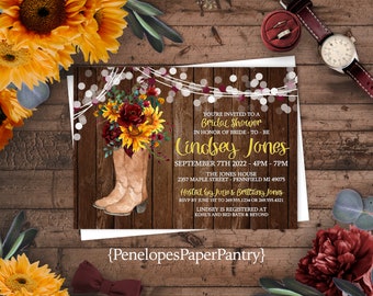 Rustic Sunflower Bridal Shower Invitation,Fall Bridal Shower,Barn Wood,Cowboy Boots,Lights,Personalized,Printed Invitation,Envelope Included