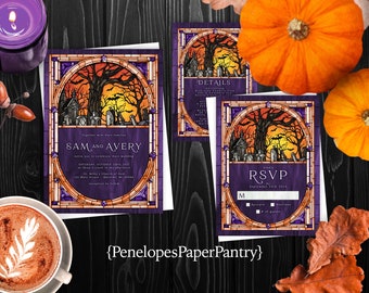 Halloween Theme Stained Glass Wedding Invitation,Halloween Stained Glass Wedding Invite,Cemetery,Headstones,Shimmery Invitation,Envelope