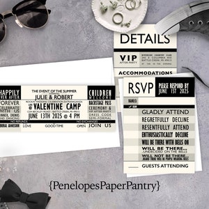 Unique Concert Ticket Wedding Invitation Personalized Black Ivory Rock and Roll Country Hip Hop Classical Printed Invitations With Envelope