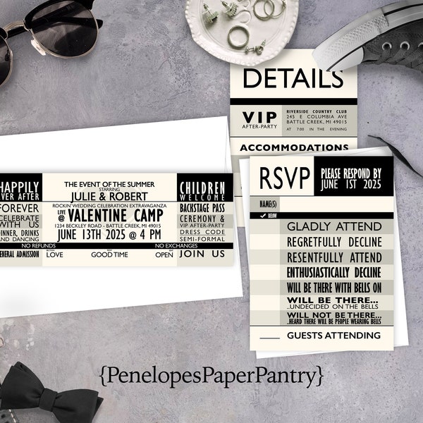 Personalized Concert Ticket Wedding Invitation,Concert Ticket Wedding Invite,Concert Theme,Custom,Printed Invitation,Envelopes Included