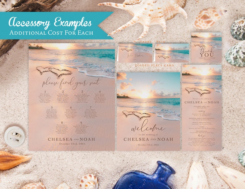 Beach Wedding Invitation,Beach Theme Wedding Invitation,Destination Wedding,Hawaii Wedding,Hearts in the Sand,Sunset,Shimmery Invitation image 3