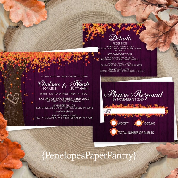 Rustic Plum Fall Wedding Invitation,Plum Fall Wedding Invite,Rustic Purple Wood,Orange,Oak Tree,Carved Heart,Fall Leaves,Envelopes Included