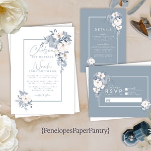 Elegant Dusty Blue Floral Summer Wedding Invitation,Summer Wedding Invite,Dusty Blue,Calligraphy,Personalize,Printed Invitation,Envelope