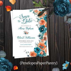Carte réservez la date, mariage d'automne floral personnalisé, calligraphie orange turquoise, calendrier photo en option, cartes imprimées, enveloppes incluses