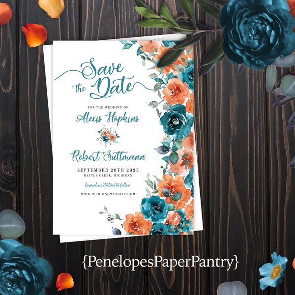 Elegant Turquoise and Orange Floral Save The Date,Fall Wedding Save The Date,Calligraphy,Personalized Card,Printed Card,Envelopes Included