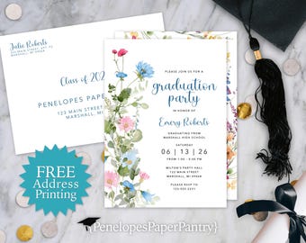 Wildflower Graduation Announcement and Party Invitation: Personalized and Printed with Envelopes