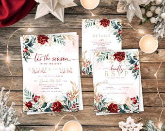 Christmas Floral Wedding Invitation Poinsettia Red Gold Green Elegant Holiday Botanical Suite