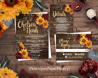 Sunflowers Burgundy Roses Barn Wood Fall Wedding Invitation Suite Rustic Country Boho Autumn Set