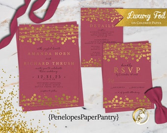 Magenta and Gold Wedding Invitation,Personalized,Magenta and Gold Foil Wedding Invite,Bubble Light,Gold Foil Print,Magenta Envelope Included