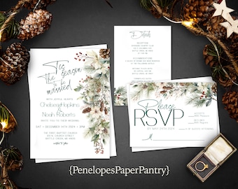 Rustic Winter Wedding Invitation,Personalized,Christmas Wedding Invite,Tis The Season,Calligraphy,Shimmery Invite,Envelope Included,Printed