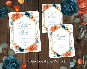 Fall Wedding Invitation,Floral Wedding Invitation,Teal Roses,Orange Rose,Geometric Frame,Calligraphy,Shimmery Invitation,Personalize,Printed