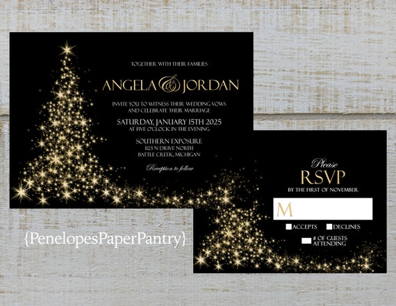 Elegant Black and Gold Christmas Wedding Invitationgold - Etsy