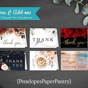 Puede incluir: Seis tarjetas de agradecimiento plegadas con diferentes dise&ntilde;os. Las tarjetas presentan varios temas, incluyendo escenas florales, r&uacute;sticas y de playa. Cada tarjeta tiene el texto "Gracias" en letras doradas.