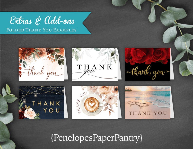 Puede incluir: Seis tarjetas de agradecimiento plegadas con diferentes dise&ntilde;os. Las tarjetas presentan varios temas, incluyendo escenas florales, r&uacute;sticas y de playa. Cada tarjeta tiene el texto "Gracias" en letras doradas.