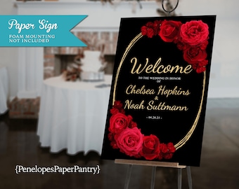 Red Rose Wedding Welcome Sign: Black, Gold Print, Red Roses, Custom, Printed