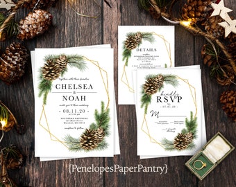 Elegant Winter Wedding Invitation,Winter Wedding Invite,Evergreen Tree Branches,Pine Cones,Gold Print,Shimmery Invitation,Envelope Included