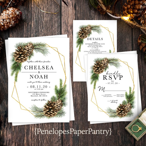 Elegant Winter Wedding Invitation,Winter Wedding Invite,Evergreen Tree Branches,Pine Cones,Gold Print,Shimmery Invitation,Envelope Included