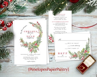 Christmas Wedding Invitation,Christmas Wedding Invite,Red Calligraphy,Mistletoe,Winter Wedding,Shimmery Invitation,Envelope Included