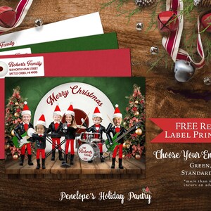 Carte photo de famille Noël elfe drôle Elfes personnalisés dans un groupe Elfes jouant de la musique Cartes imprimées Enveloppes incluses Impression au dos assorti